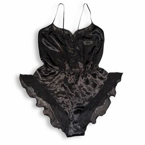 Vintage Romantic Night Black Satin Lace Chiffon Trim Romper Fits Large